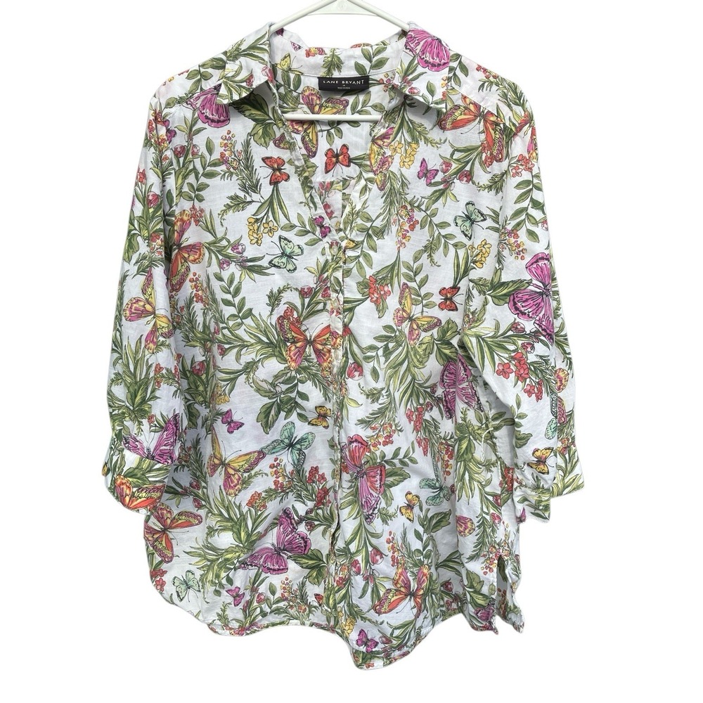 Lane Bryant Cotton 3/4 Sleeve‎ Button Shirt Tunic Plus Size 18  Butterfly Floral